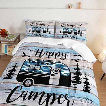 HOSIMA Teens Happy Camping Decor Queen Comforter Set with 2 Pillowcases.