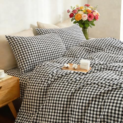Gingham Duvet Cover Set 3 Piece 100% Washed Cotton Linen Feel Modern Plaid Checkered Bedding Comfy Breathable (Black/White Gingham, Queen)