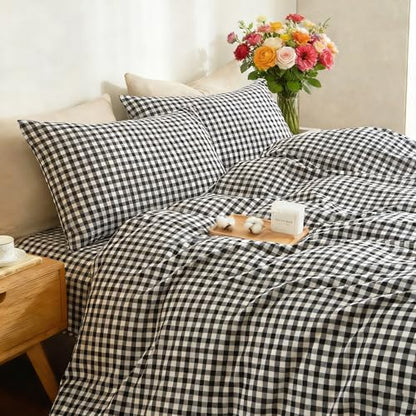 Gingham Duvet Cover Set 3 Piece 100% Washed Cotton Linen Feel Modern Plaid Checkered Bedding Comfy Breathable (Black/White Gingham, Queen)