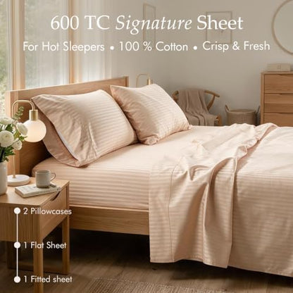 Threadmill 600TC Cotton Full Sheet Set, Sateen, Damask Stripe, Beige