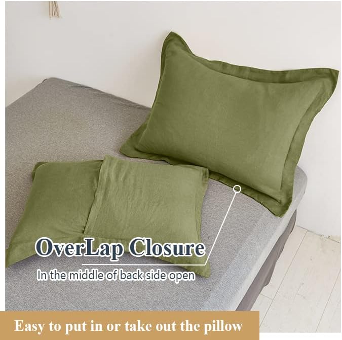 Simple&Opulence 100% Linen Pillow Case Queen Size Set of 2, Olive Green Pillow Covers with Overlap Closure, Luxury Breathable Pillowcases Protectors Suitable for All-Season (20" X 26", Olive Green)