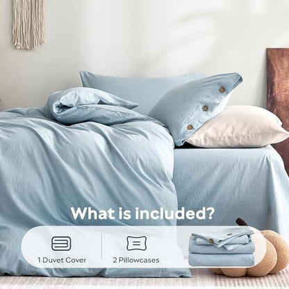 JELLYMONI 100% Washed Cotton Baby Blue Duvet Cover Full, Linen-Like