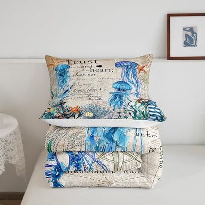 Homewish Jellyfish Comforter Set Full Size,Nautical Anchor Lighthouse Bedding Set 3Pcs for Kids Girls Boys Teens Room Decor,Ocean Animals Quilt Set Vintage Bible Quotes Duvet Insert,2 Pillowcases