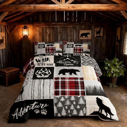 Deer Antlers Comforter Set Twin Size,Bear Paws Pine Trees Xmas Bedding Set for Kids Boys Girls Adults Room Decor,Lattices Patchwork Rustic Farmhouse Down Comforter,Red Duvet Insert,1 Pillowcase