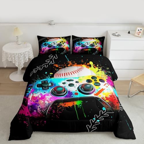 Gaming Comforter Sets for Boys Baseball Toddler Bedding Sets for Boys,Game Consoles Kids Comforter Set Rainbow Tie Dye Sports Bedding Sets for Boys,Gamer Decor for Boys Bedroom Decor Gamer Gifts