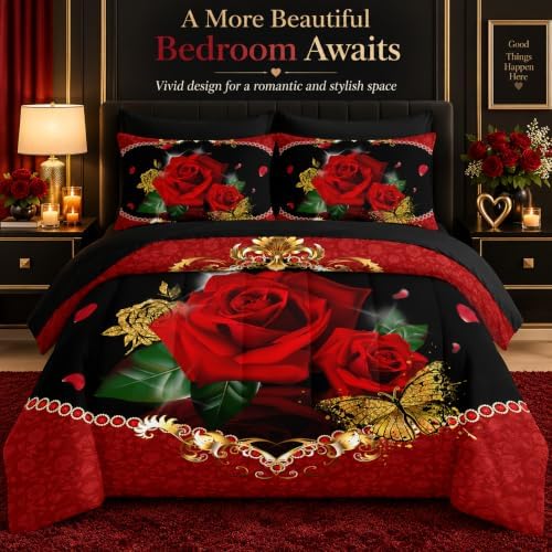 AILONEN 3D Oil Painting Red Rose Comforter Set Twin Size,7-Piece 3D Rose and Butterfly Pattern Bed in a Bag,Comforter & Fitted Sheet with Flat Sheet & 2 Pillowcases,2 Pillow Cases for Bedroom