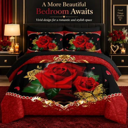AILONEN 3D Oil Painting Red Rose Comforter Set Twin Size,7-Piece 3D Rose and Butterfly Pattern Bed in a Bag,Comforter & Fitted Sheet with Flat Sheet & 2 Pillowcases,2 Pillow Cases for Bedroom