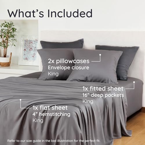 Bambaw King Sheets Set 4pcs, 100% Viscose Derived from Bamboo Sheets, King Size Cooling Sheets Set, Hotel Luxury Bed Sheets Set, Deep Pockets Fits Up to 16'' Mattresses, King Sheets Soft (Dark Gray)