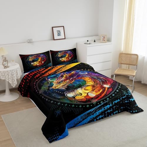 Feelyou Dragon Comforter Set Queen Size Dragon Stuff Comforter for Boys Girls Teens Wild Life Bedding Set Dragon Decor Duvet Set Room Decor Black Orange Yellow Quilt Set