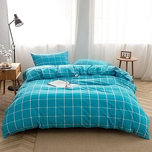 FACE TWO FACE Bedding Duvet Cover Set100% Washed Cotton Duvet Cover Linen Like Textured Breathable Durable Soft Comfy (King, Turquoise Grid)
