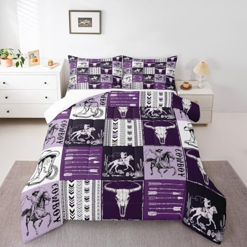 Manfei Cowboy Comforter Set Twin Size, Horse Bull Skull Cowboy Boots Hat Bedding Set 2pcs, Kids Boys Teens Bedroom Decor, Boho Purple Lattice Patchwork Down Comforter Western Quilt Set, 1 Pillowcase
