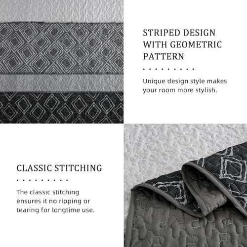 Cottolester Boho California King Quilt Set,Black Grey Striped Bedspread
