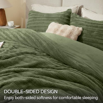 BEDELITE Faux Fur King Size Comforter Set, Fluffy Bed Set, Olive Green