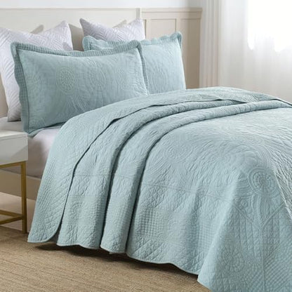 MarCielo 100% Cotton Quilt Set - 3-Piece Embroidered Farmhouse Bedspread & Shams, All-Season Breathable Bedding (Tf Aruba Blue, King)