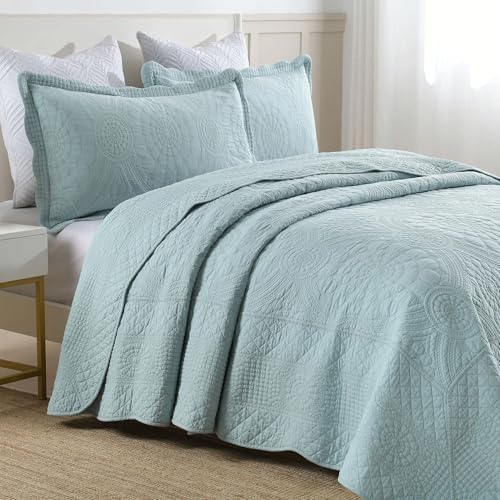 MarCielo 100% Cotton Quilt Set - 3-Piece Embroidered Farmhouse Bedspread & Shams, All-Season Breathable Bedding (Tf Aruba Blue, Queen)