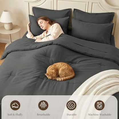 Queen Comforter Set 7 Piece with Lightweight Comforter, Dark Gray