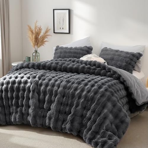 YIKUSH King Faux Fur Comforter Set, Fluffy Dark Gray Rabbit Fur Comforter