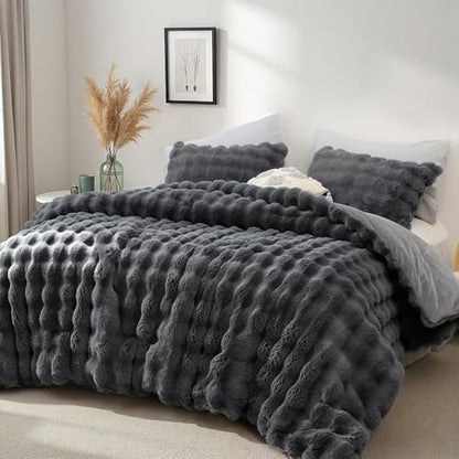 YIKUSH King Faux Fur Comforter Set, Fluffy Dark Gray Rabbit Fur Comforter