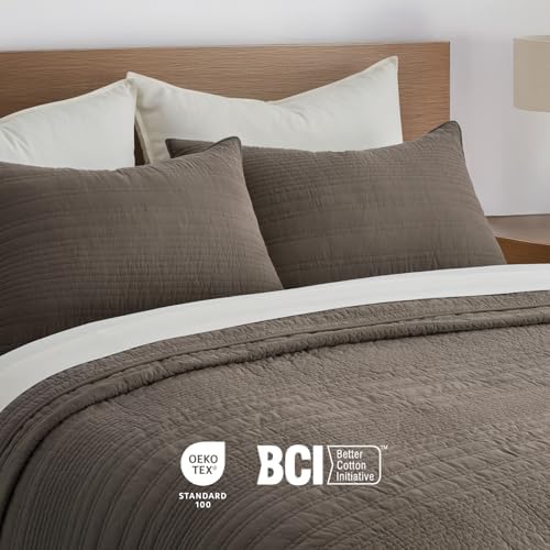 EVERGRACEHOME 100% Cotton Modern Lines Quilt Set Queen Size, Mushroom Brown