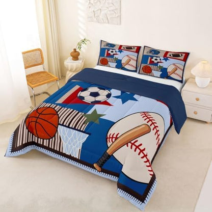 Castle Fairy Boys Ball Sports Themed Comforter Set King Size,Cartoon Baseball Basketball Football Bedding Set Kids Teens Room Decor,Patchwork Grid Stripes Quilted Duvet Blue Red Child Bedspread 3pcs