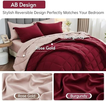MUXHOMO 7 Pieces King Comforter Set, Reversible Bed in a Bag King Size, All Season Bedding Set with Comforter, Flat Sheet, Fitted Sheet, Pillowcases & Shams, Burgundy & Rose Gold