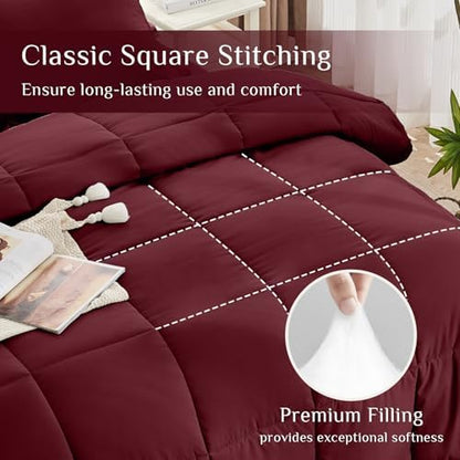 JOLLYVOGUE Full Comforter Set, Ultra-Soft Bed in a Bag Full Size 7 Pieces, Oeko-TEX Certified Bedding Set with Down Alternative Comforter, Sheets, Pillowcases & Shams, Burgundy