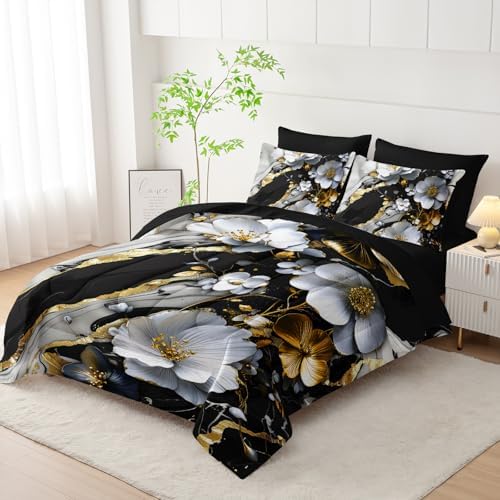 7 Piece Marble Floral Comforter Set Queen，Black and White Marble Bedding Set，Black and Gold Marble Bedroom Decor，(1 Comforter, 1 Flat Sheet, 1 Fitted Sheet, 2 Pillowcase and 2 Pillow Sham)