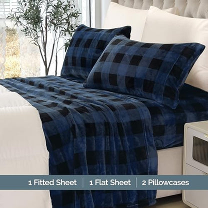 Elegant Comfort Luxuriously Soft 4-Piece Velvet Plush Flannel Sheet Set - Premium Quality - Cozy Warm, Anti-Static, Non Pilling Fuzzy Velvet Flannel Fleece Deep Pocket Sheet Set - King, Buffalo Blue