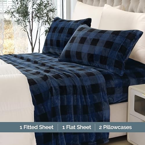 Elegant Comfort Luxuriously Soft 4-Piece Velvet Plush Flannel Sheet Set - Premium Quality - Cozy Warm, Anti-Static, Non Pilling Fuzzy Velvet Flannel Fleece Deep Pocket Sheet Set - Full, Buffalo Blue