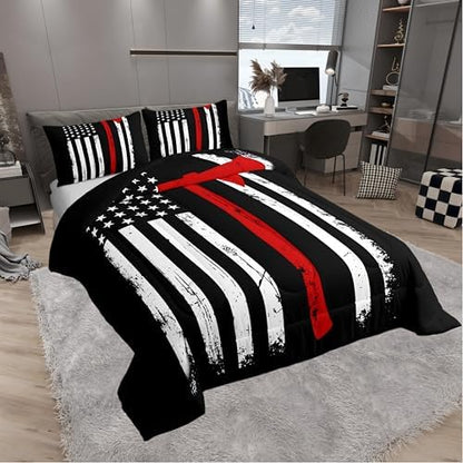 Castle Fairy Teens Firefighter Comforter Set Full Size,American Flag Bedding Set for Kids Boys Adult Bedroom Decoration,Fireman Bed Duvet Insert,Red Black White Comforter with 2 Pillowcase