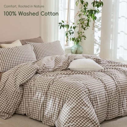 JIYUAN Queen Washed Cotton Duvet Cover Set, 3-Piece,Classic Gingham