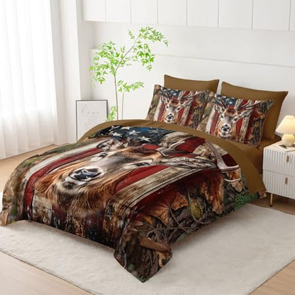 7Pcs Comforter Set American Flag Deer Printed Bedding Set with 1 Comforter, 1 Flat Sheet, 1 Fitted Sheet and 4 Pillowcases for Boys and Girls Bedroom All Season(Deer Twin)