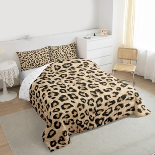 jejeloiu Leopard Comforter Set All Season Animal Skin Bedding Set with 2 Pillow Cases Animal Print Microfiber Kids King Bedclothes Bedroom Decor Duvet Quilt Breathable Soft Lightweight