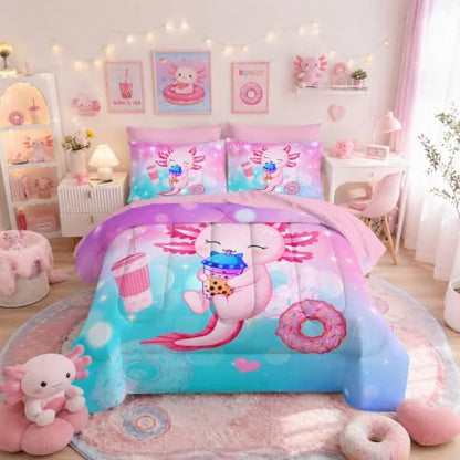 HOSIMA 7Pcs Axolotl Comforter Set Animal Bedding Room Decor for Teens,Dessert Milk Tea Donut with Cute Sheets Queen and Fitted Sheet Fantasy Blue Purple Queen Size Bed in a Bag with 4 Pillowcases.