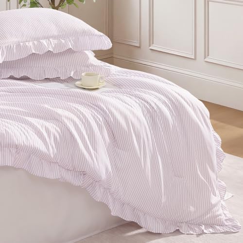 Andency Grey Pink Striped King Ruffle Comforter Set, 3 Pieces