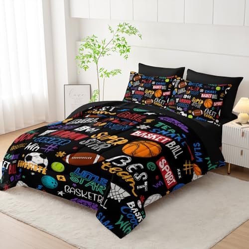 Nttopship Sports Ball Twin Comforter Set,Football Rugby Basketball Bedding Set for Kids Boys Girls Youth Ball Sports Themed Bedroom Decor Bedding Set 7 Pcs Bed in A Bag