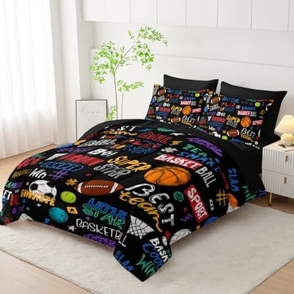 Nttopship Sports Ball Twin Comforter Set,Football Rugby Basketball Bedding Set for Kids Boys Girls Youth Ball Sports Themed Bedroom Decor Bedding Set 7 Pcs Bed in A Bag