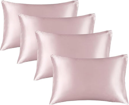 BEDELITE Satin Pillowcase for Hair and Skin, Super Soft Similar to Silk Pillow Cases 4 Pack with Envelope Closure, Cooling Pillowcases for Women Men (20"x26" Standard Size, Lotus Pink)