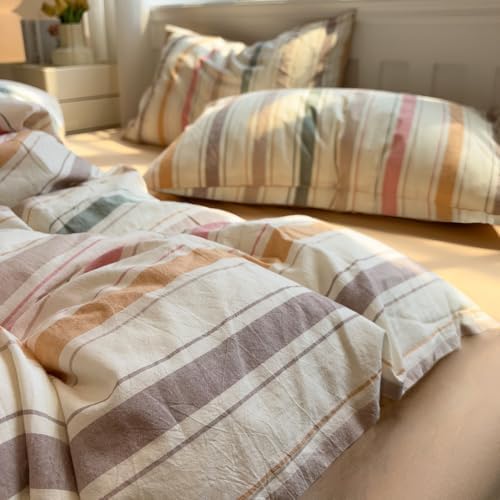 mixinni Vintage Striped Duvet Cover Set Full, 3-Piece 100% Washed Cotton Bedding Set - Soft & Breathable Colorful Comforter Cover with Zipper, All-Season Lightweight Bed Set for Cozy Home