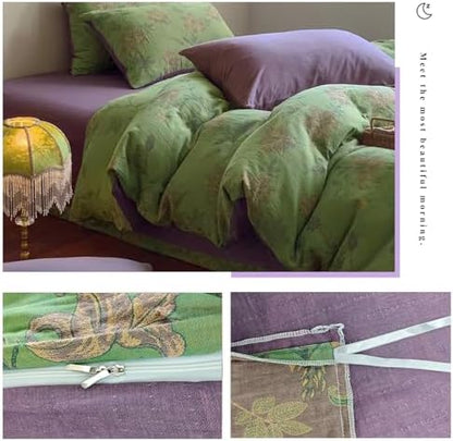 VM VOUGEMARKET Retro Flower Duvet Cover King,3Pcs Yarn-Dyed French Linen Jacquard Duvet Cover Set Mint Green Purple Bedding Set for Girls Women Without Comforter