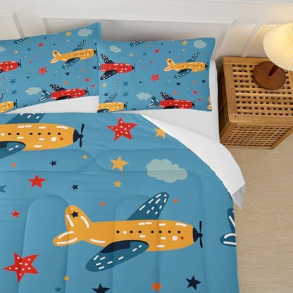 Kids Aeroplane Comforte Set Twin，Blue Airplane Bedding for Boys，Cute Star Quilt Pattern，Cute Bedroom Decor for Kids，1 Comforter 2 Pillow Cases