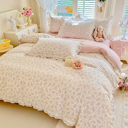 LifeTB Pink Floral Duvet Cover Set King, 100% Cotton Peach Flower Pattern Romantic Ruffle Comforter Cover, Vintage Cottagecore Botanical Duvet Cover, Aesthetic French Style Princess Lace Bedding Set
