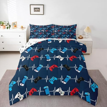 Castle Fairy Red Blue Gamer Comforter Set,Video Game Gamepad Bedding Set for Kids Girls Boys,Teens Adults Controller Comforter,Gaming Quilted Duvet Set Bedroom Collection Twin Size 2Pcs