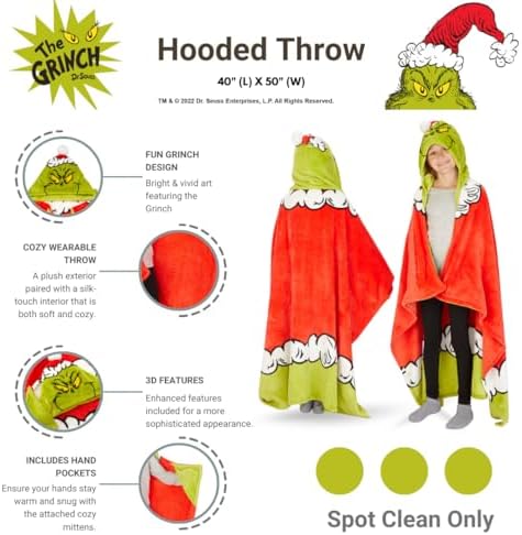 Franco Dr. Seuss The Grinch Holiday Christmas Kids Bedding Soft Cozy Hooded Throw Blanket, 40 in x 50 in, (Officially Licensed Product)