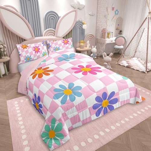 jejeloiu Cute Floral Comforter Set Full Size Pink White Checkerboard Bedding Set for Kids Boys Girls Colorful Daisy Duvet Quilt Plaid Grid Bedroom Decor Microfiber 3 Pcs with 2 Pillow Cases