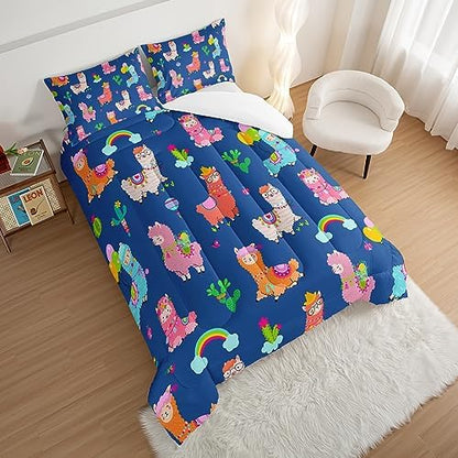 HOSIMA Kids Cute Llama Bed in a Bag Queen Comforter Set,Cartoon Rainbow Alpaca Comforter with 2 Pillowcases,Animal Bedding Sets for Children Room Decor,Blue Toddler Bedding Set for Boys Girls.