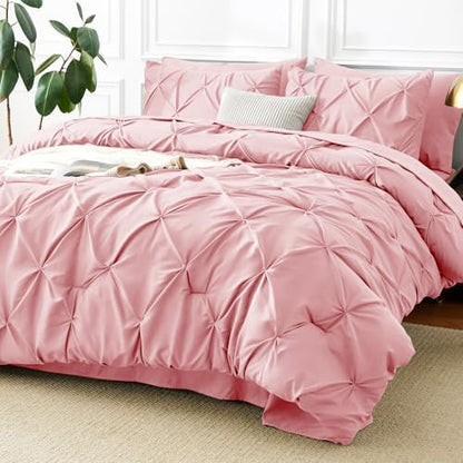 CozyLux King Size Comforter Set Pink, 7 Pieces Pintuck Bed in a Bag