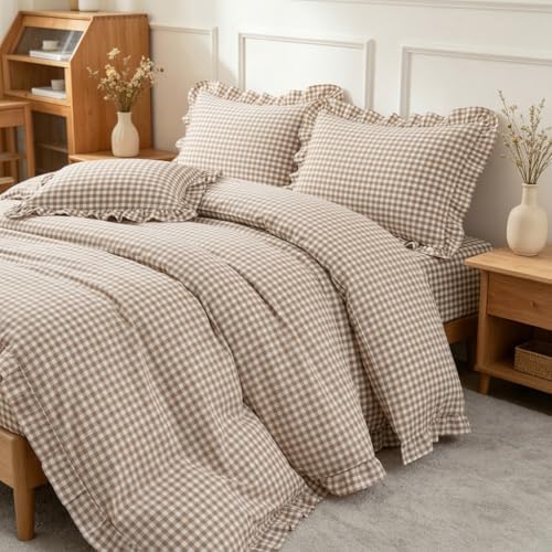 Nayoroom Brown Ruffle Gingham Comforter Set Queen Plaid Checkered Bedding