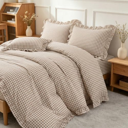 Nayoroom Brown Ruffle Gingham Comforter Set Queen Plaid Checkered Bedding