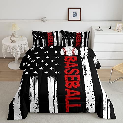 Erosebridal American Flag Bedding King Red Baseball Print Comforter 3pcs Kids Sports Gaming Bedding Comforter Sets for Boys Baseball Quilt Retro Stripes Bedroom Set for All Seasons with 2 Pillowcase